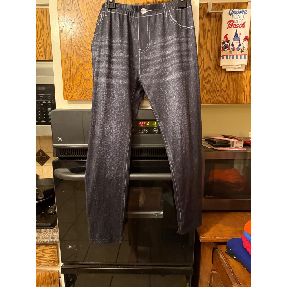 Womens XXL Faux Denim Print Leggings Elastic Waist Stretch Jeggings Dark Wash